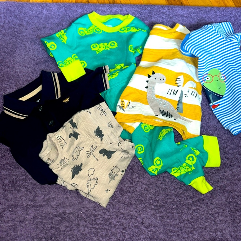 6 piece bundle 2-pajamas and 4 shirts size 6-9 months only $15